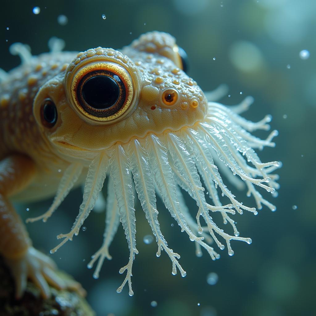 Close-up view of amphibian larvae showcasing the development of external gills.