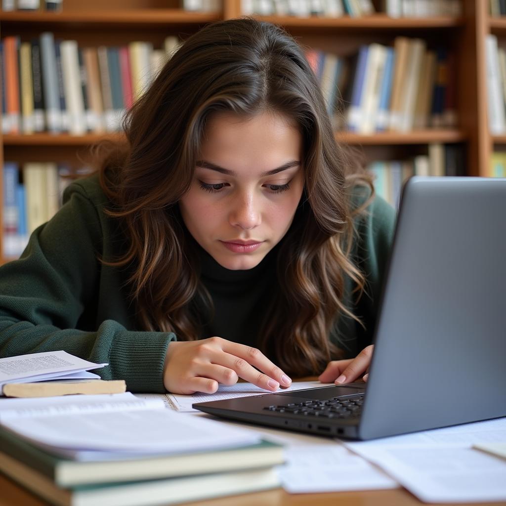 A student diligently working on their AP Research project, surrounded by books and notes.