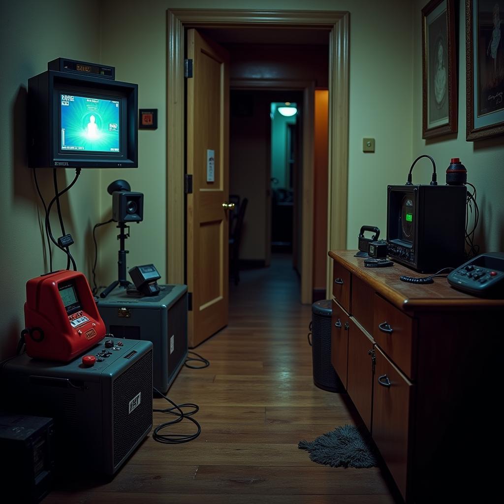 Paranormal research equipment setup inside a building