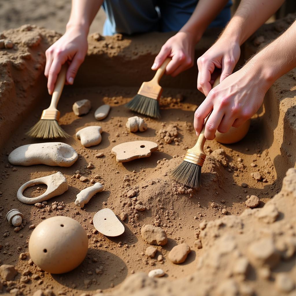 Archaeologists carefully excavating a site, uncovering artifacts like pottery and tools.