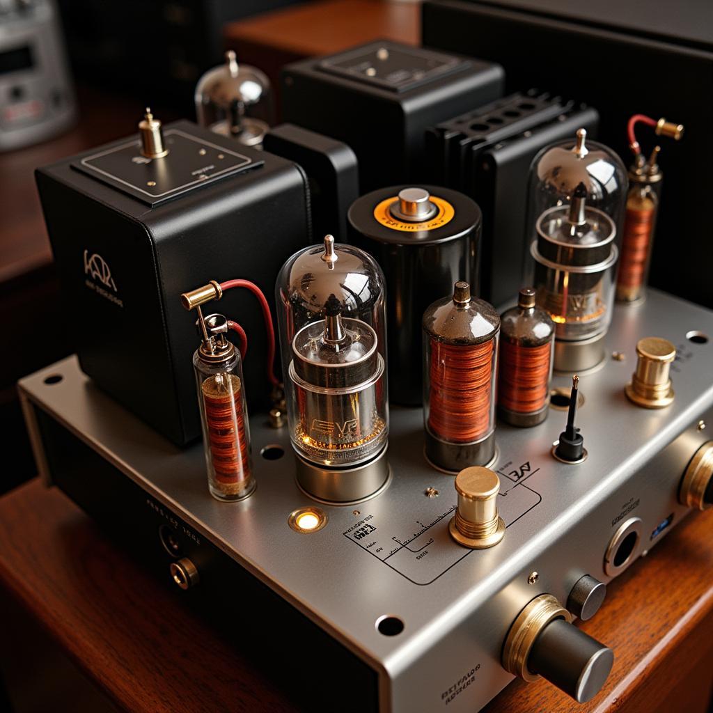 Close-up view of an Audio Research amplifier showcasing its intricate components and craftsmanship