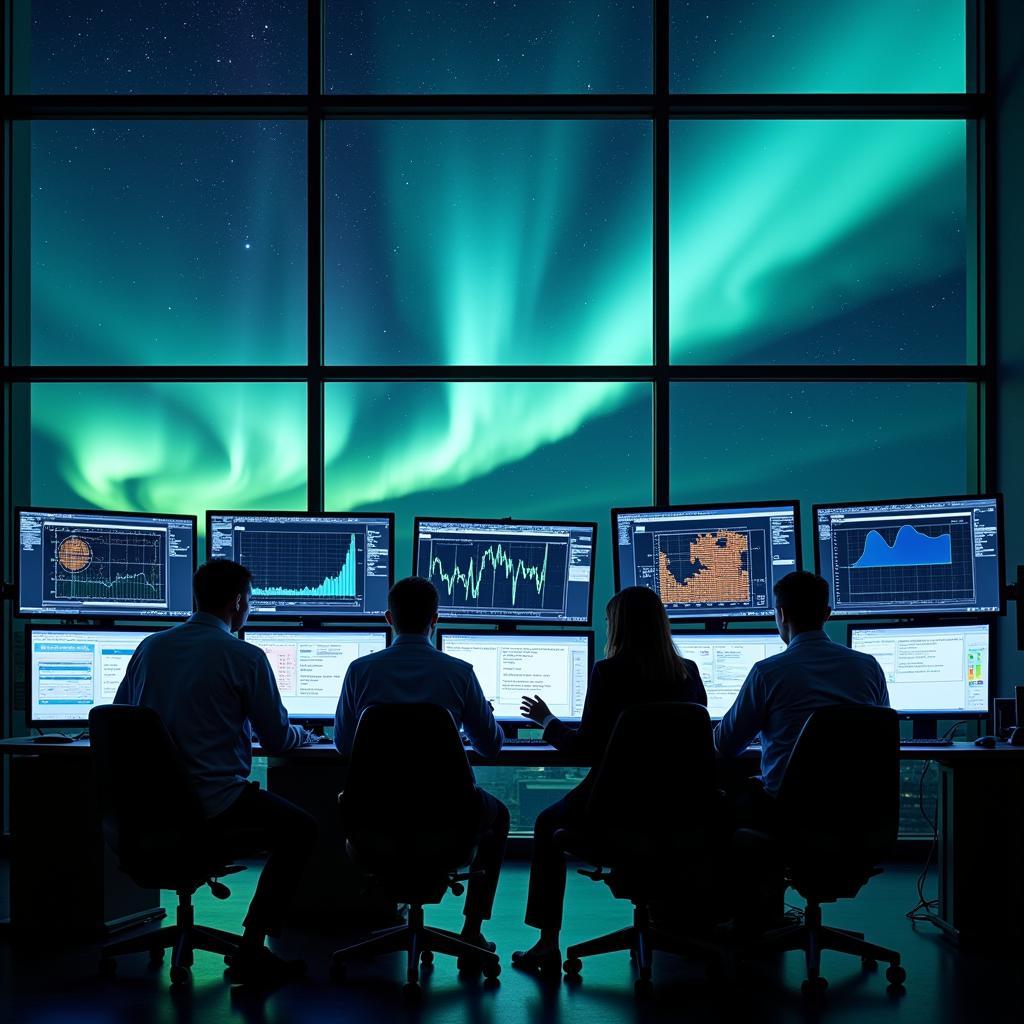 Scientists at the Aurora Research Institute studying auroral data.