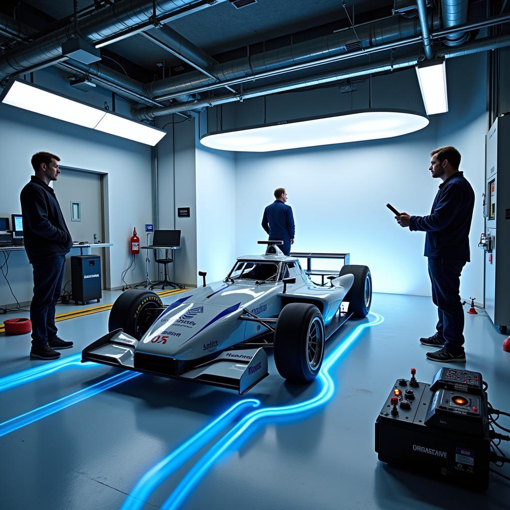 Auto racing research associates conducting wind tunnel testing on a scale model race car.