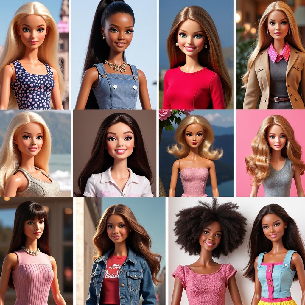 A collage showing the various iterations of Barbie through the decades, from the original 1959 model to modern diverse representations.