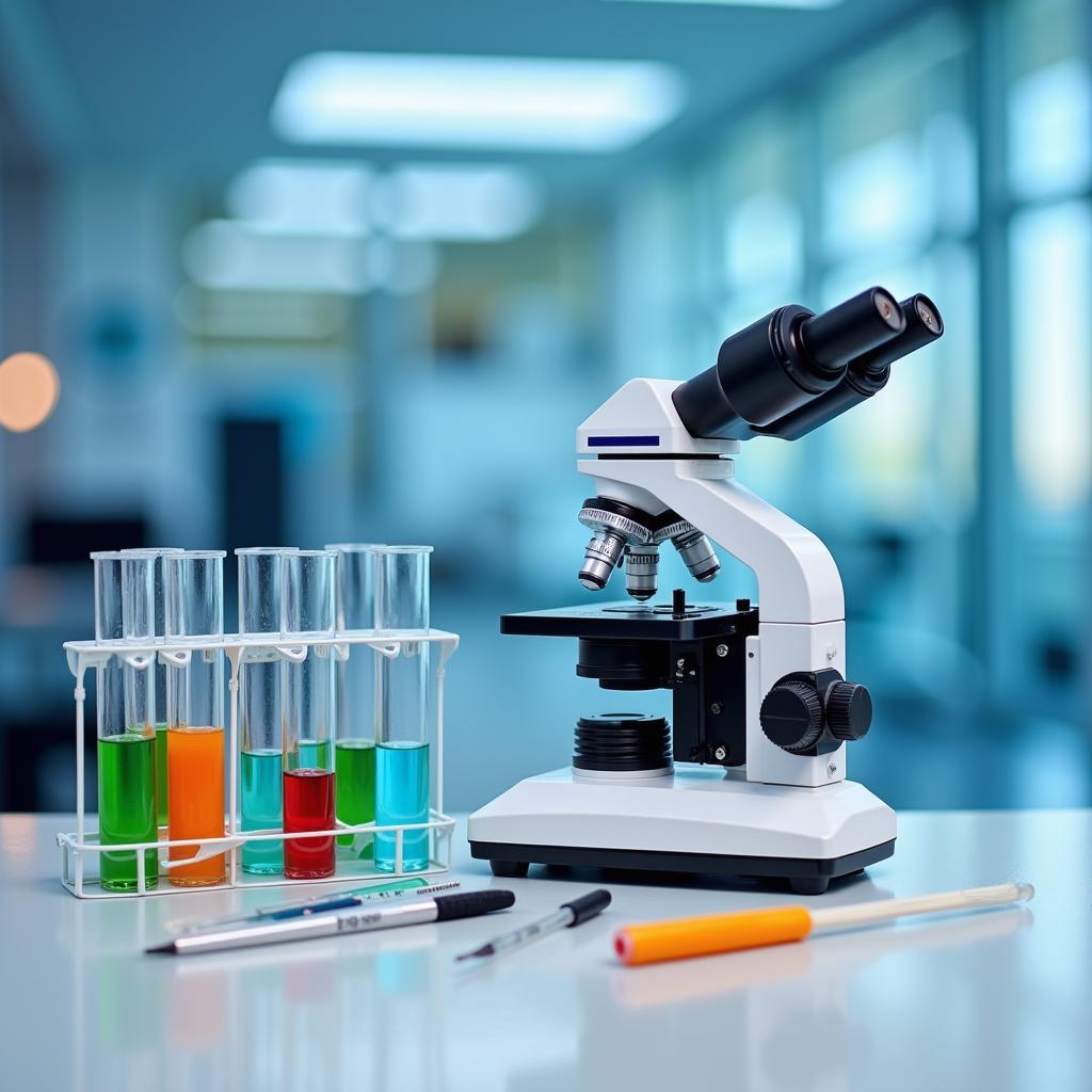 Close-up of various equipment used in a biomedical research lab, including microscopes, pipettes, and test tubes.