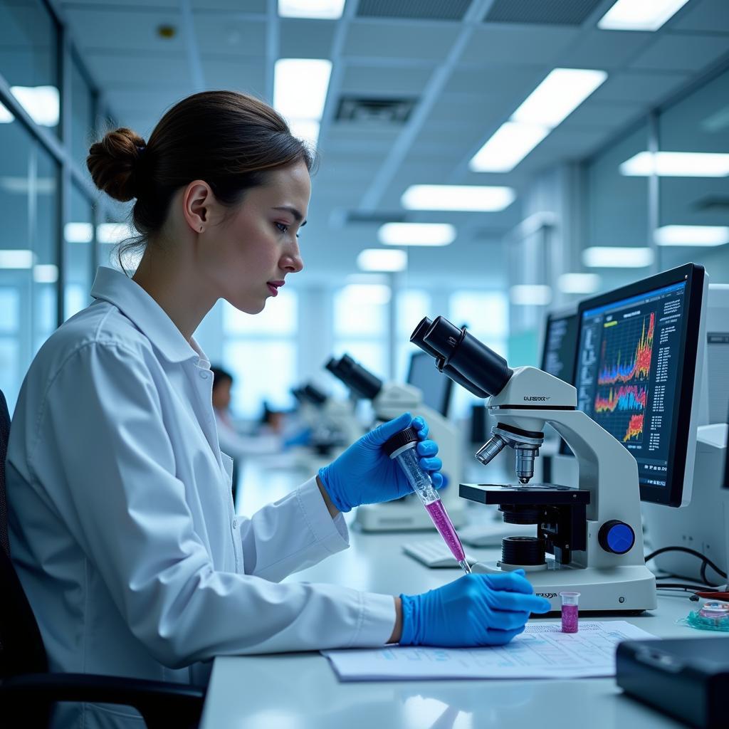 A scientist conducts research in a state-of-the-art biomedical research lab, surrounded by advanced equipment and technology.