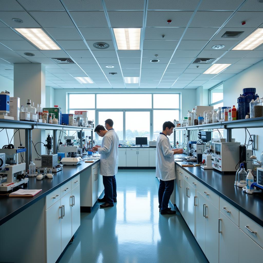 Interior view of a laboratory in the Biomedical Research Tower at OSU, featuring advanced research equipment and scientists working.