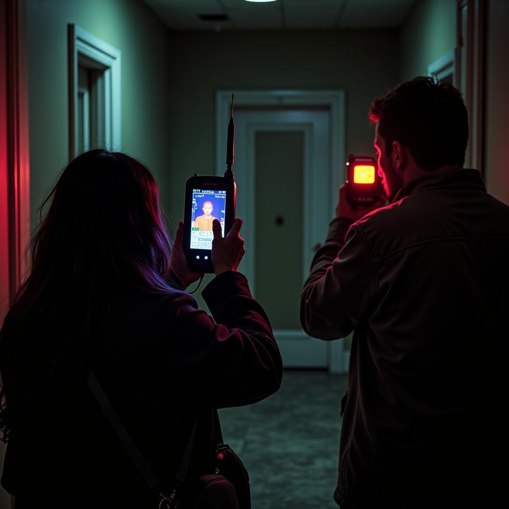 Paranormal investigators using equipment like EMF meters and thermal cameras in a dimly lit, possibly haunted location.