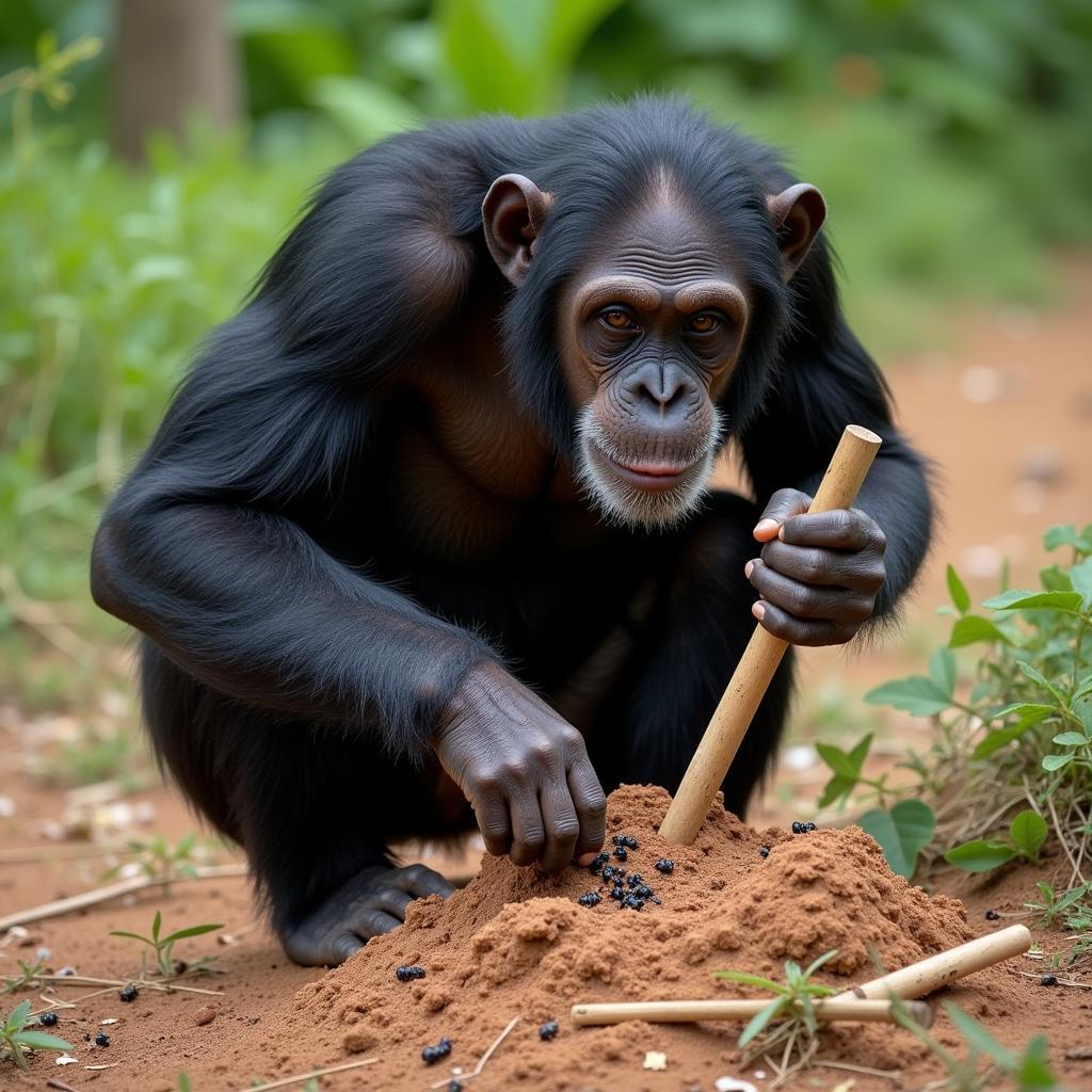 Chimpanzee Using Tools in Field Research