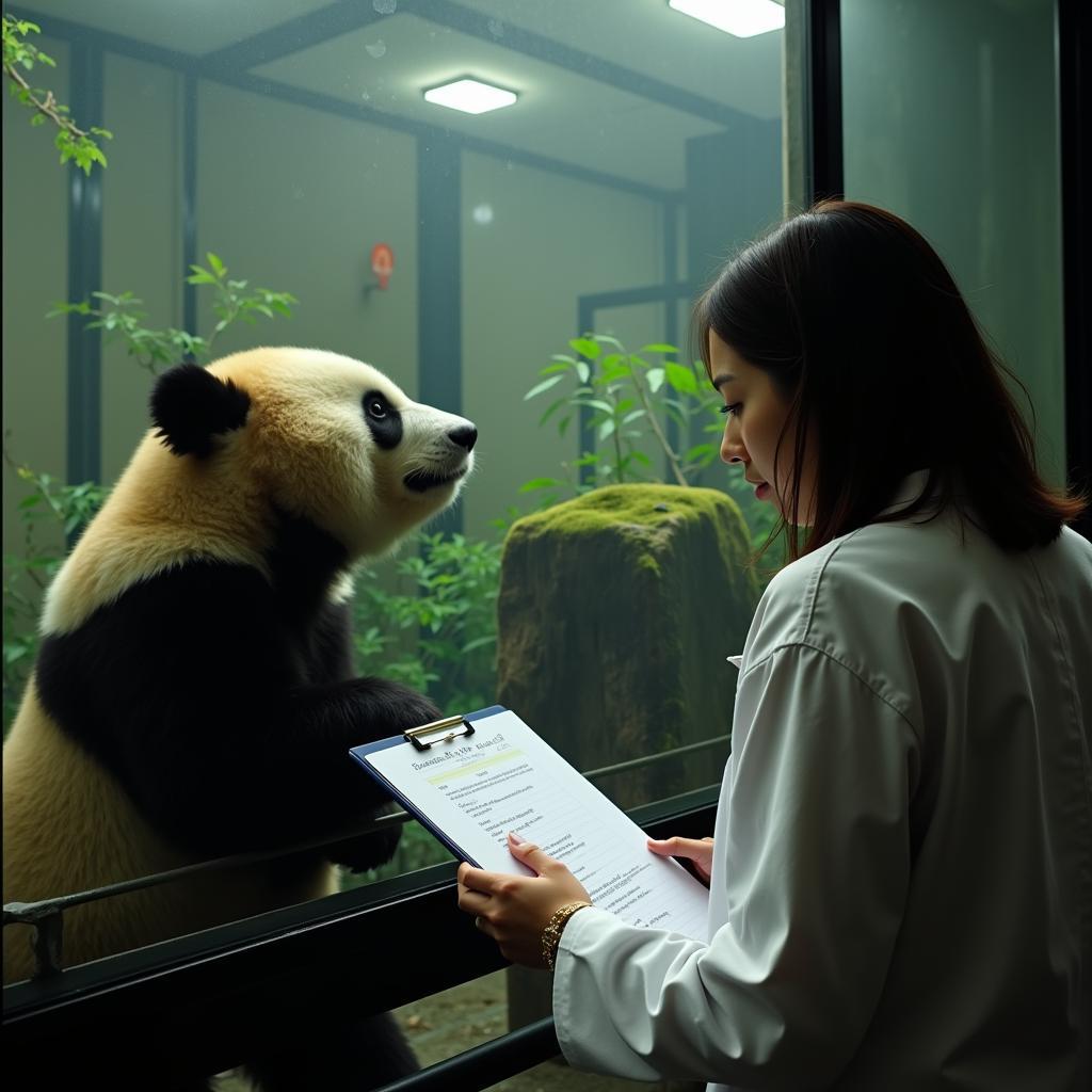 Scientist studying a panda at the China Conservation and Research Center