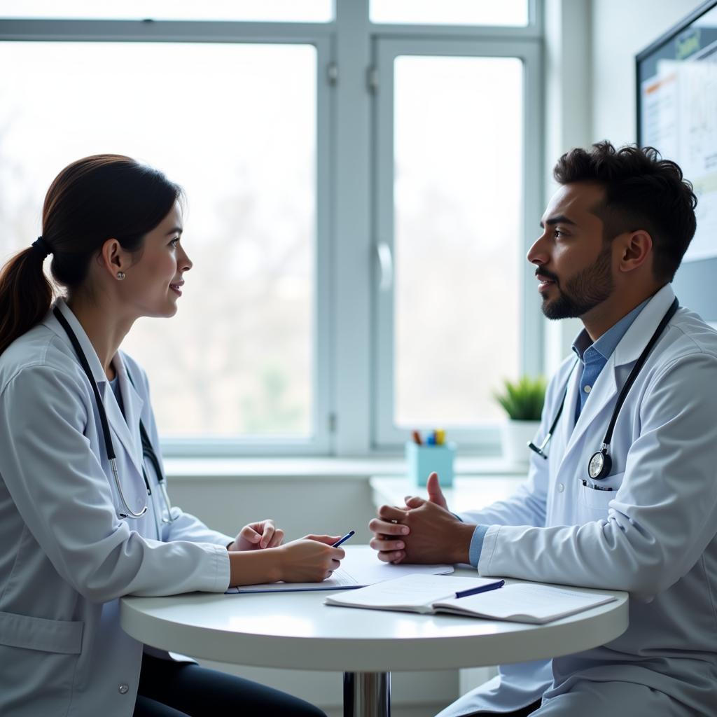 A clinical research associate 1 meeting with a doctor at a research site.