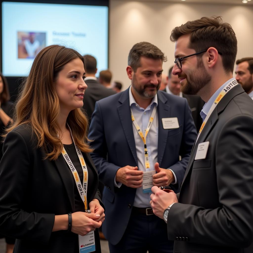 Clinical research associates networking at a conference.