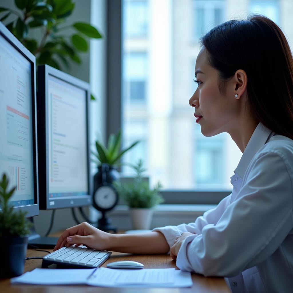 Clinical Research Coordinator Associate diligently working on a computer, reviewing patient data and trial documentation