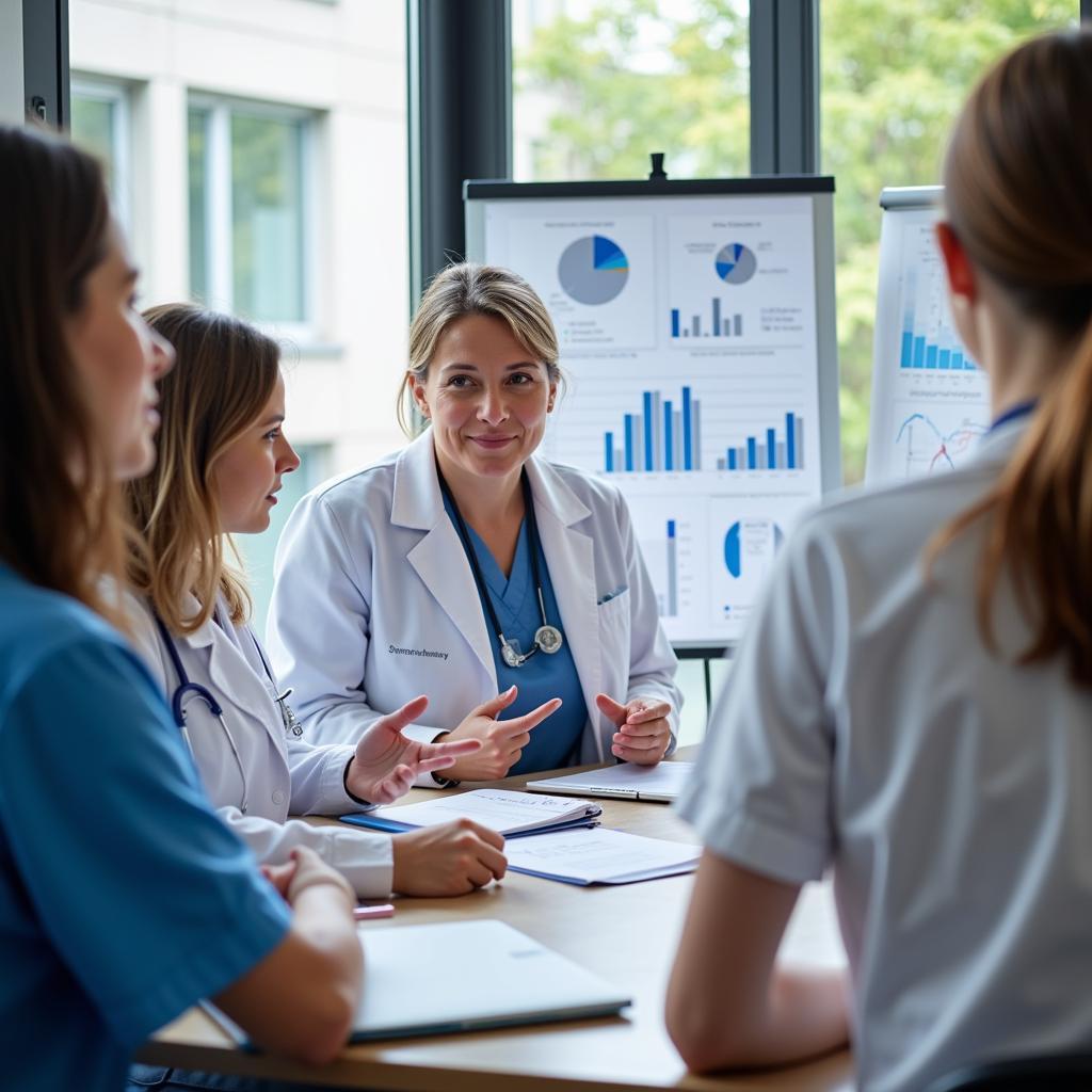 A diverse team of clinical researchers, including a nurse practitioner, meets to discuss the results of a clinical trial, highlighting the importance of collaboration and teamwork in research.