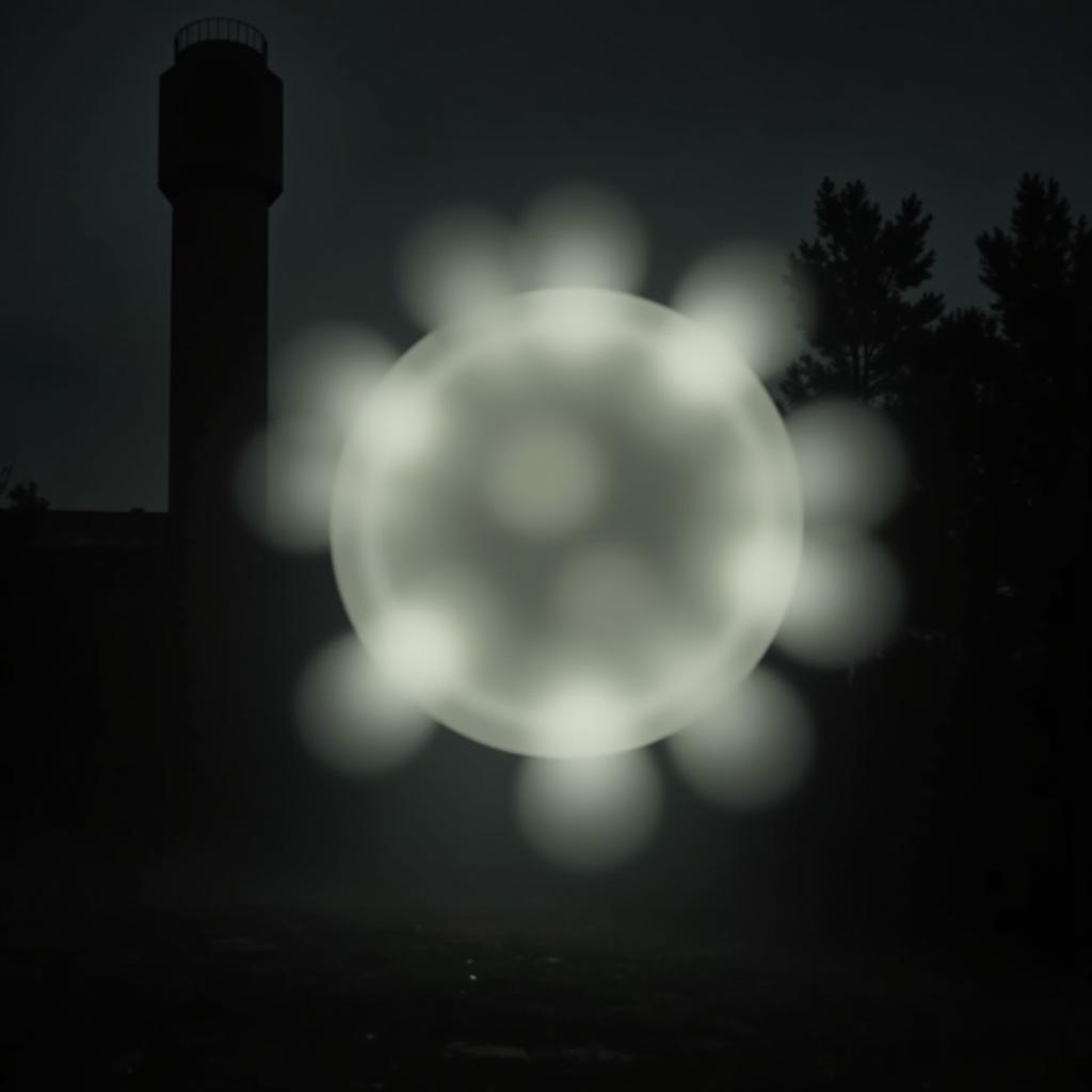 A long exposure photograph of the Cobb County Research Facility at night with a strange light anomaly in the foreground.