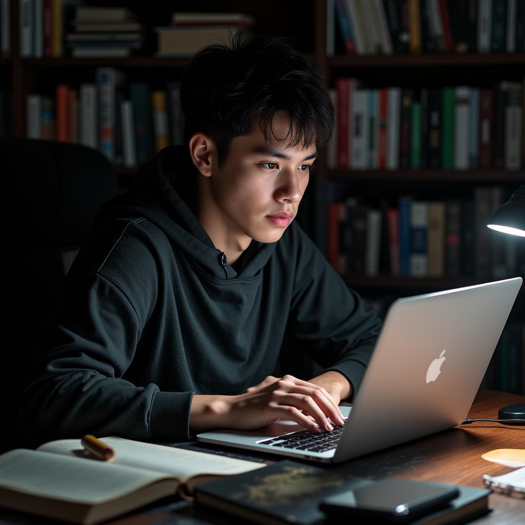 College Student Researching Paranormal Topics: A student diligently researching paranormal phenomena using a laptop and books, showcasing the dedication and focus required for academic exploration of this fascinating field.