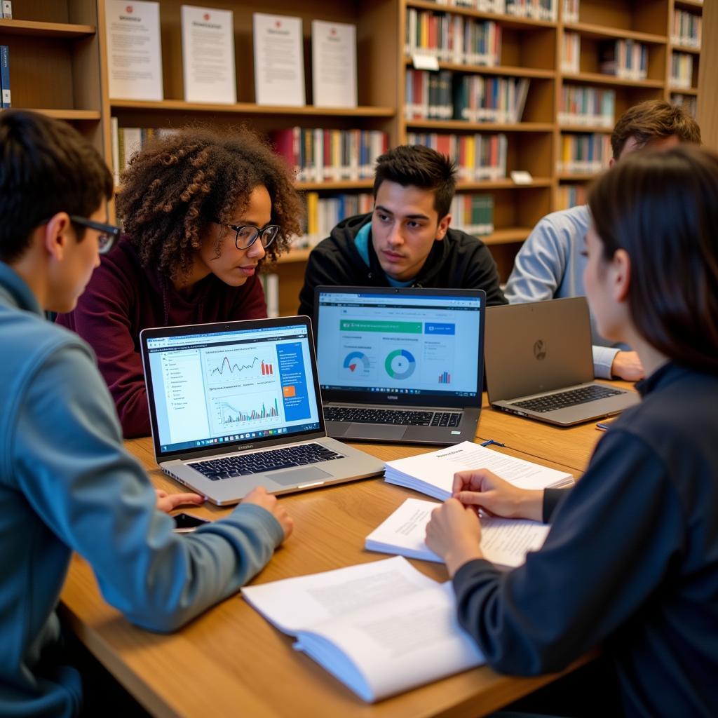 College Students Analyzing Data for Quantitative Research: A group of college students working together in a library, using laptops and statistical software to analyze data for their quantitative research project. Charts and graphs are visible on their screens.