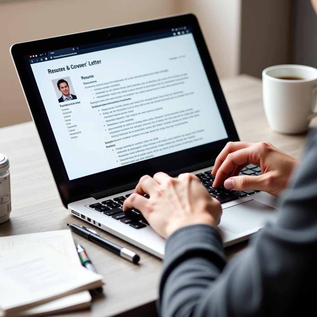 A person working on their resume and cover letter at a desk, highlighting their skills and experience relevant to a marketing research internship.