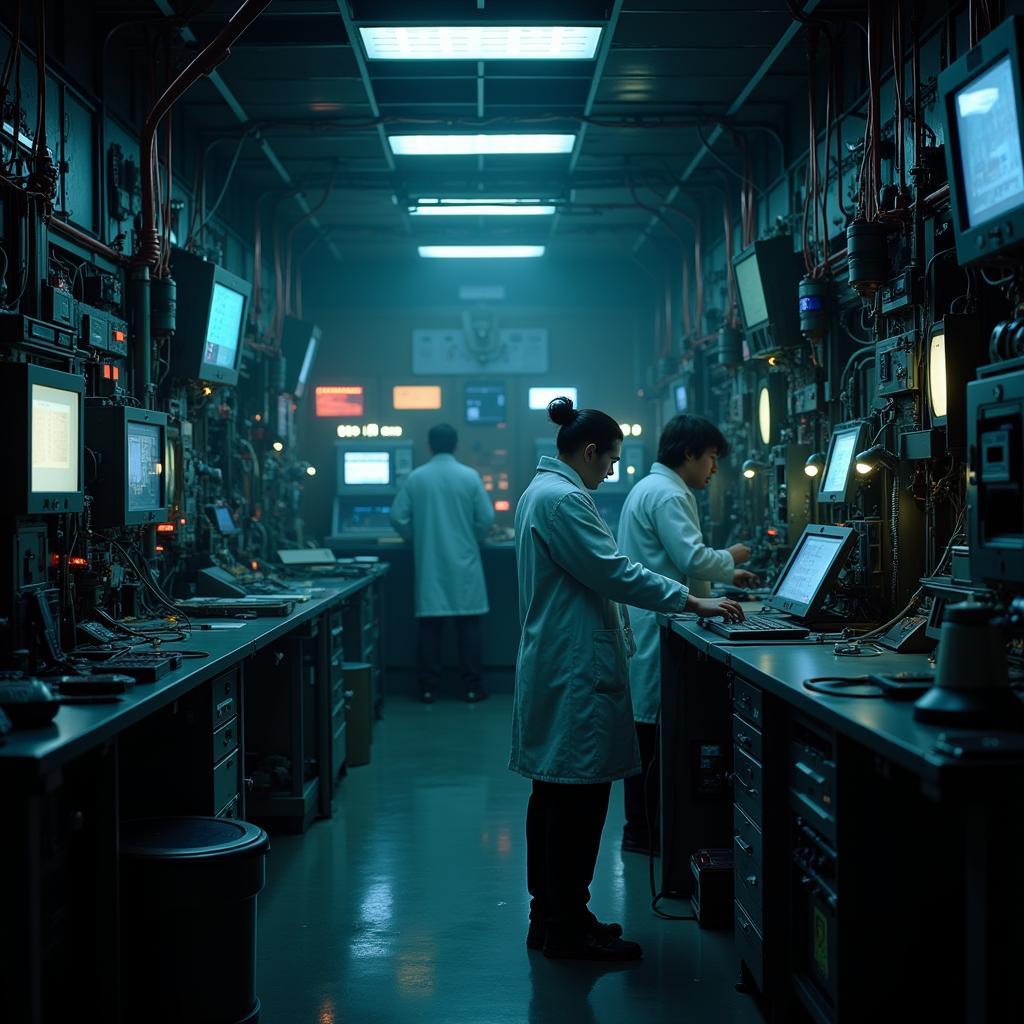 Inside a laboratory of the Crimson Research Institute, showcasing advanced technological equipment.