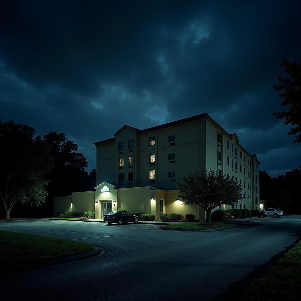 Days Inn UCF Research Park at night, showing a dimly lit exterior and a quiet atmosphere.