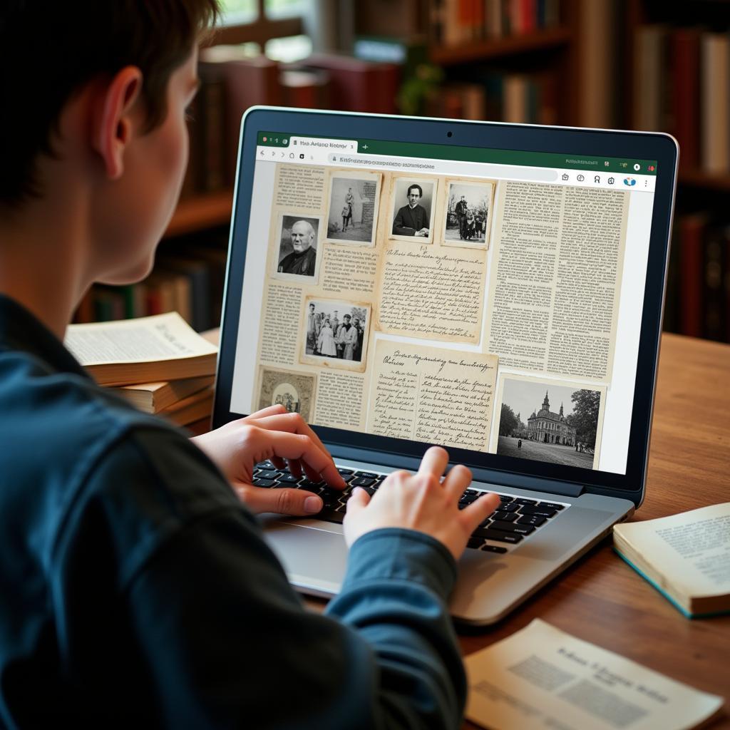 Digital archives for history research: A student accessing historical documents online.