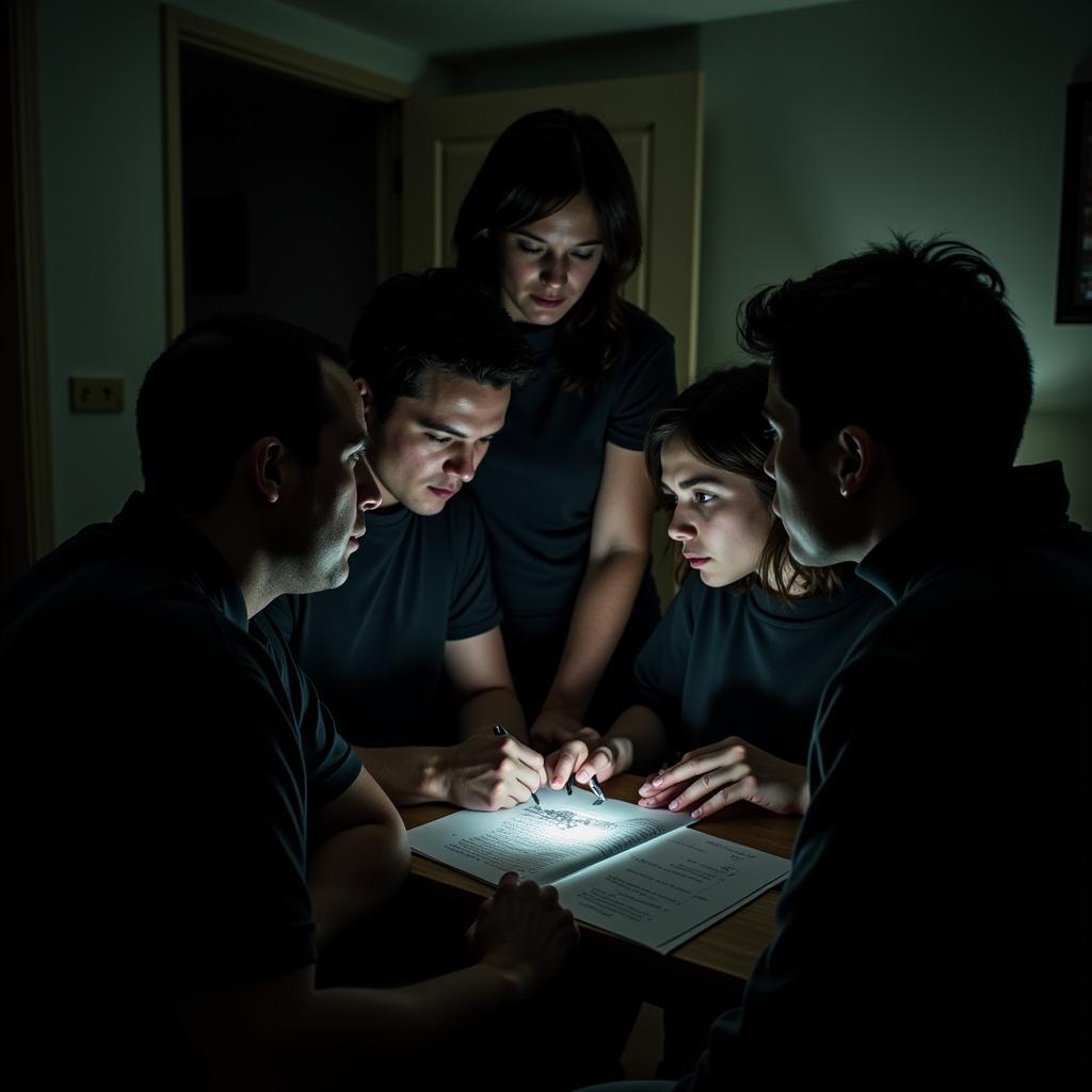 A team of paranormal investigators discussing their findings in a dimly lit room.