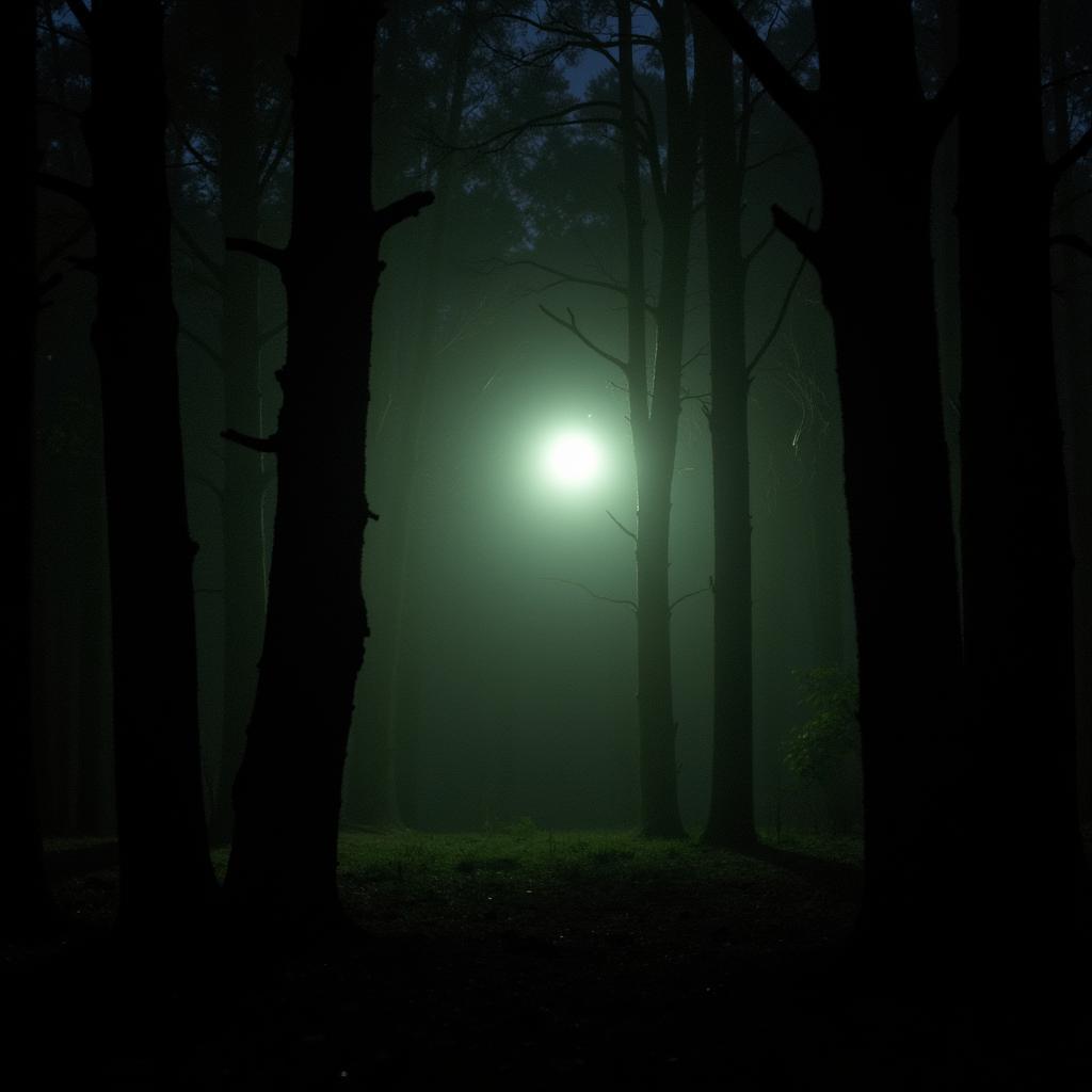 A strange orb of light floating amidst the trees in Dosey Doe Research Forest at night.