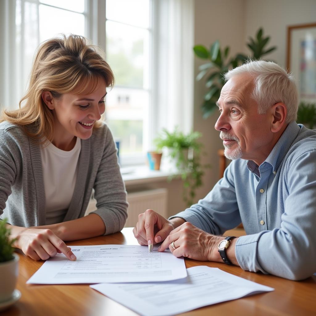 Elderly Person Reviewing Documents with a Caregiver