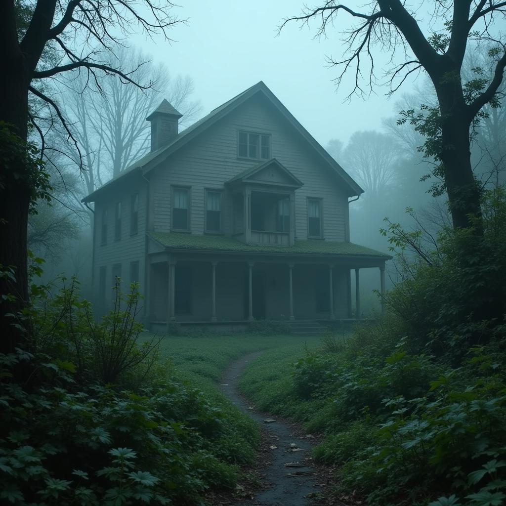 An image depicting an abandoned building shrouded in mist, with overgrown vegetation and a sense of mystery and intrigue. This location represents a potential site for paranormal investigation, similar to exploring uncharted territories in Pokémon Go.