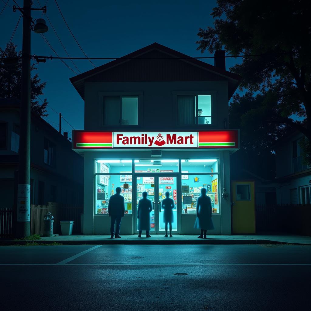 Illustration of a Family Mart store with ghostly figures emanating from it.