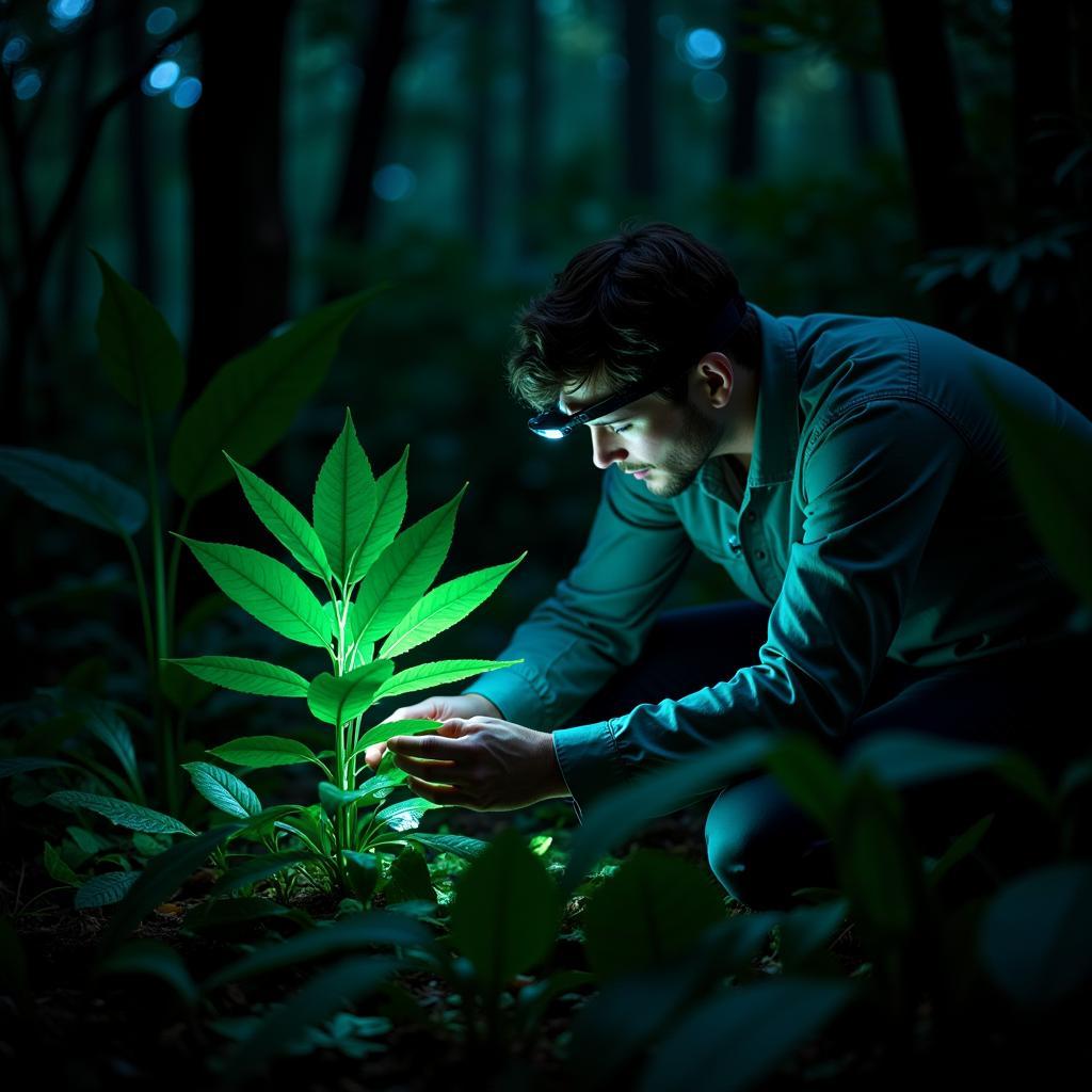 Field Researcher Examining a Bioluminescent Plant