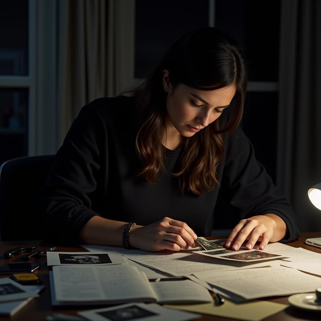 A film researcher examining evidence related to a paranormal investigation.