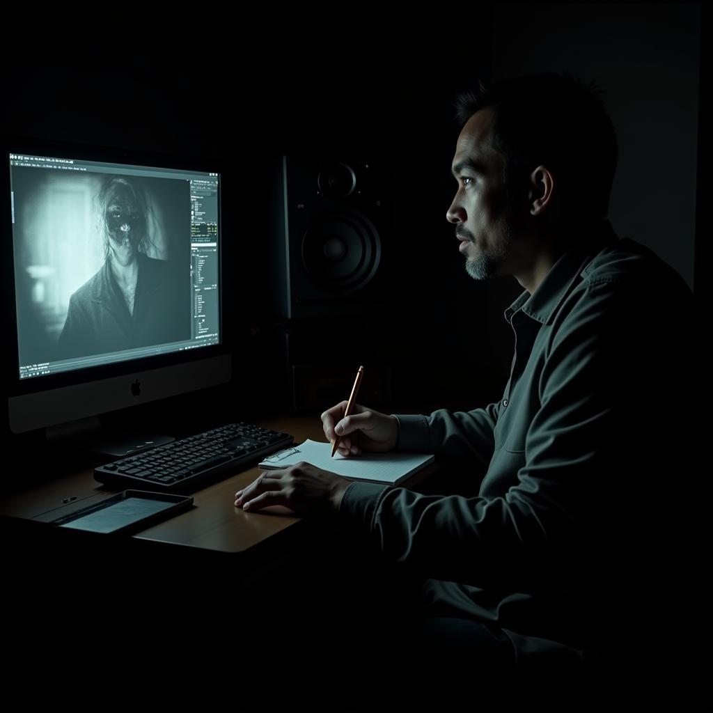 A film researcher reviewing archival footage related to a paranormal event.