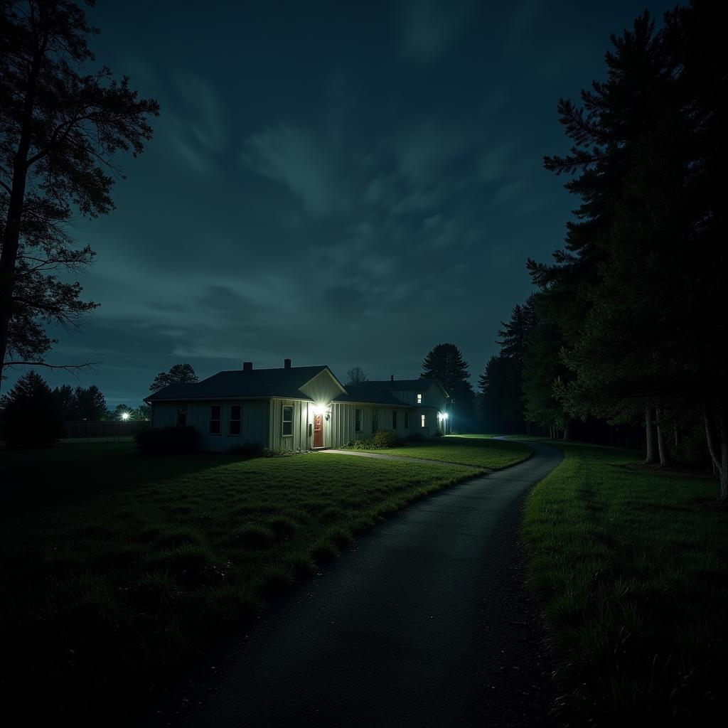 Night view of Fontaine Research Park, potentially showing areas where paranormal activity has been reported.