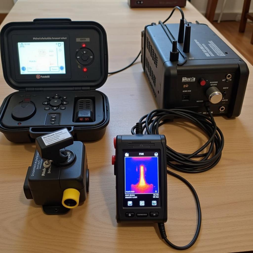 Advanced paranormal investigation equipment used by the Foothill Research Center, including EMF meters, thermal cameras, and digital audio recorders.