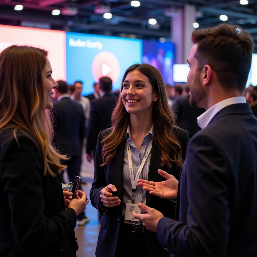 Freelancer networking with potential clients at a marketing conference