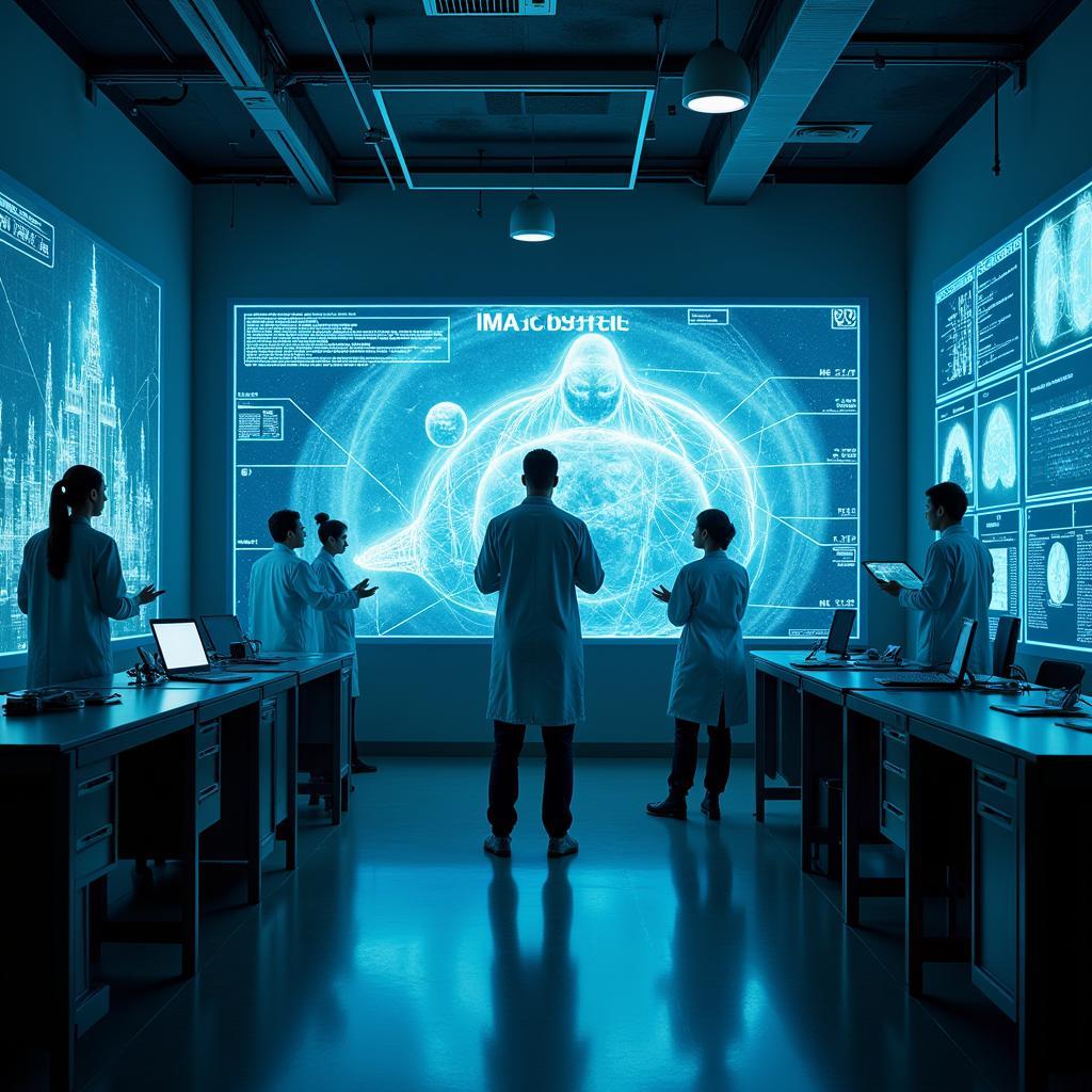 A futuristic laboratory with holographic displays showing data analysis and paranormal phenomena visualizations.