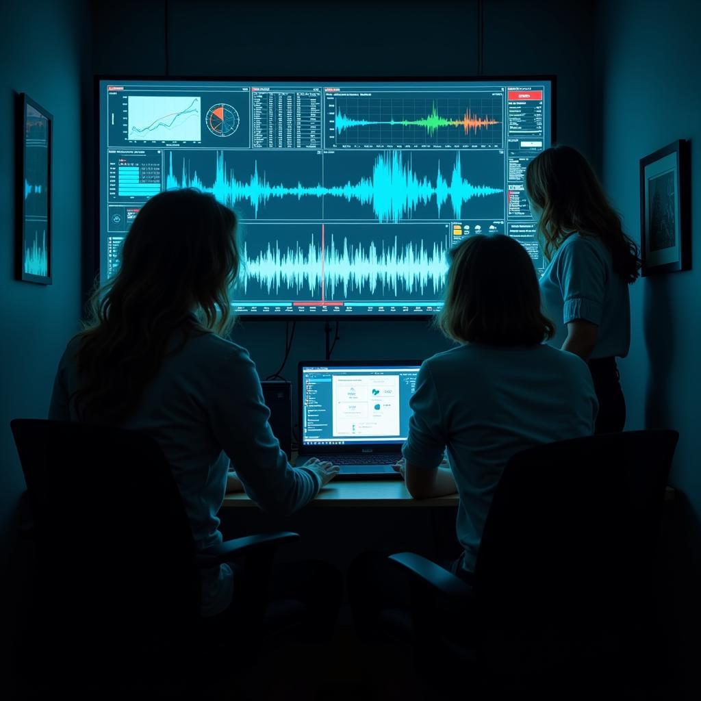 Researchers collaborating on analyzing paranormal data on a computer screen.