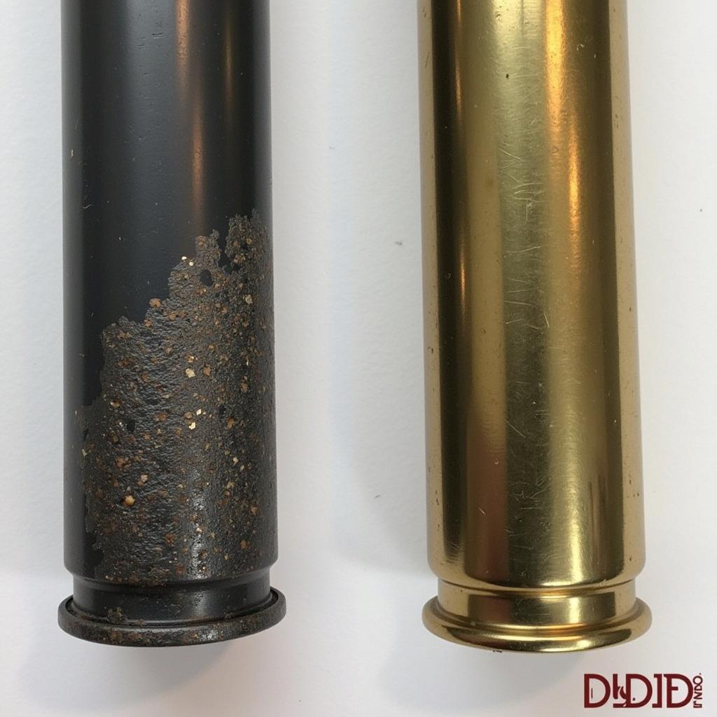 G2 Research 223 Barrel Fouling Comparison: Side-by-side comparison of a clean barrel and a barrel fouled after firing G2 Research 223 ammunition, illustrating the potential buildup of residue.