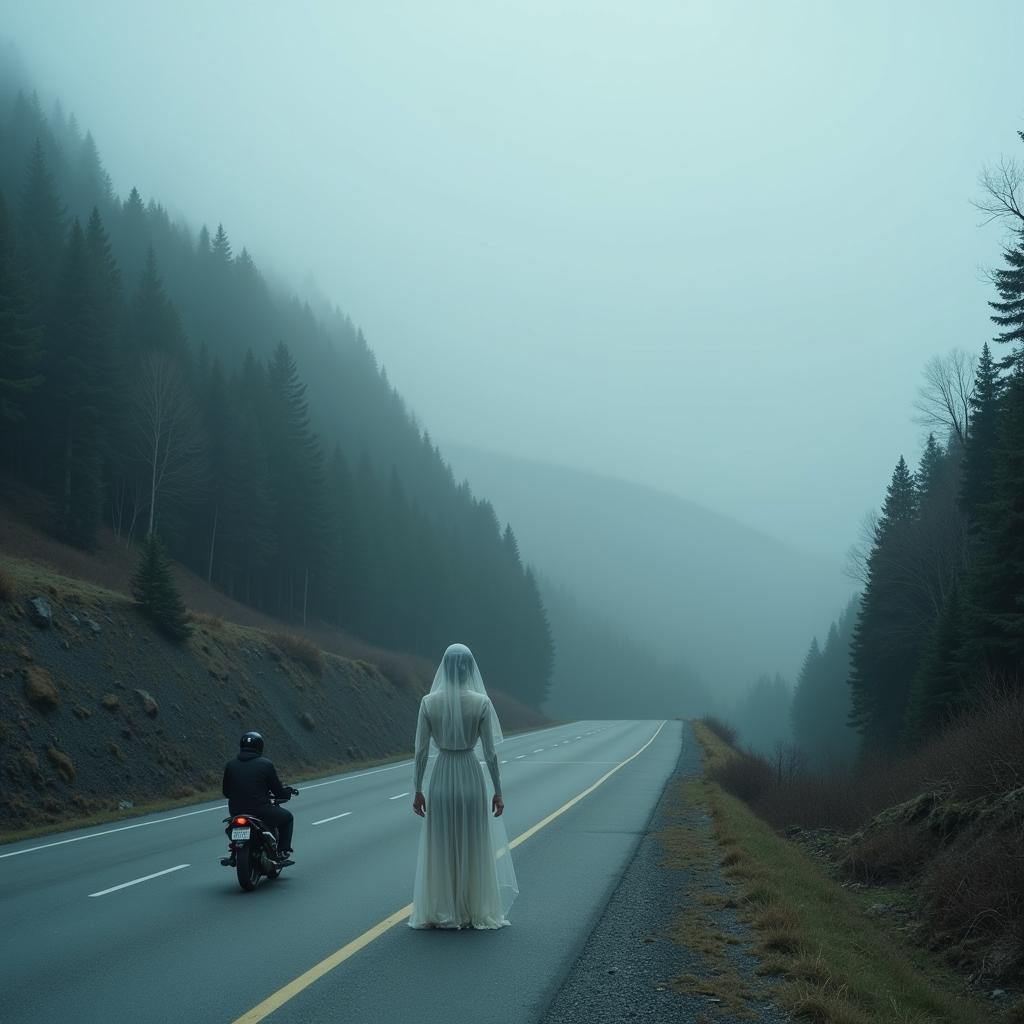 Ghostly Figure on a Motorcycle Road