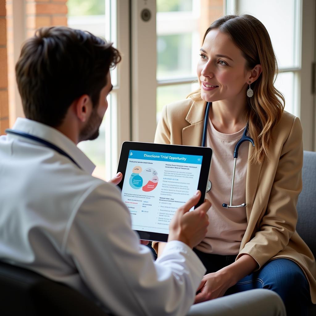 A patient consulting with a doctor about a cancer clinical trial at Harvard