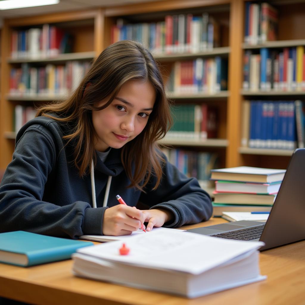 High school student engrossed in research at a library