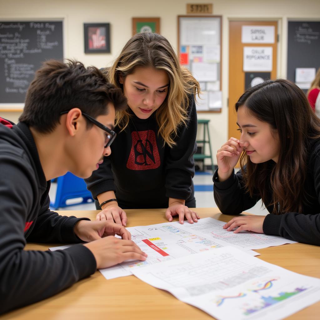 High school students collaborate on a research project, discussing ideas and analyzing data together.