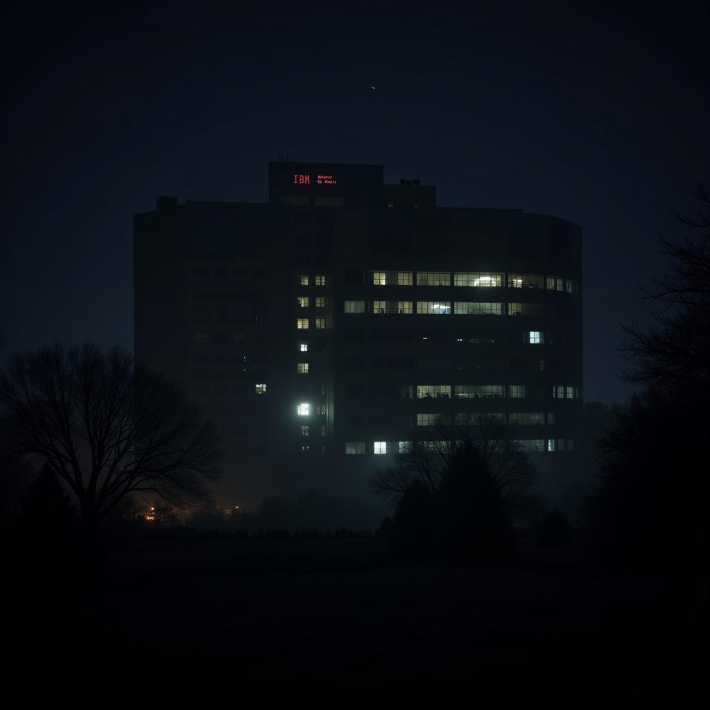 A night view of the IBM TJ Watson Research Center, with strange lights emanating from certain windows.