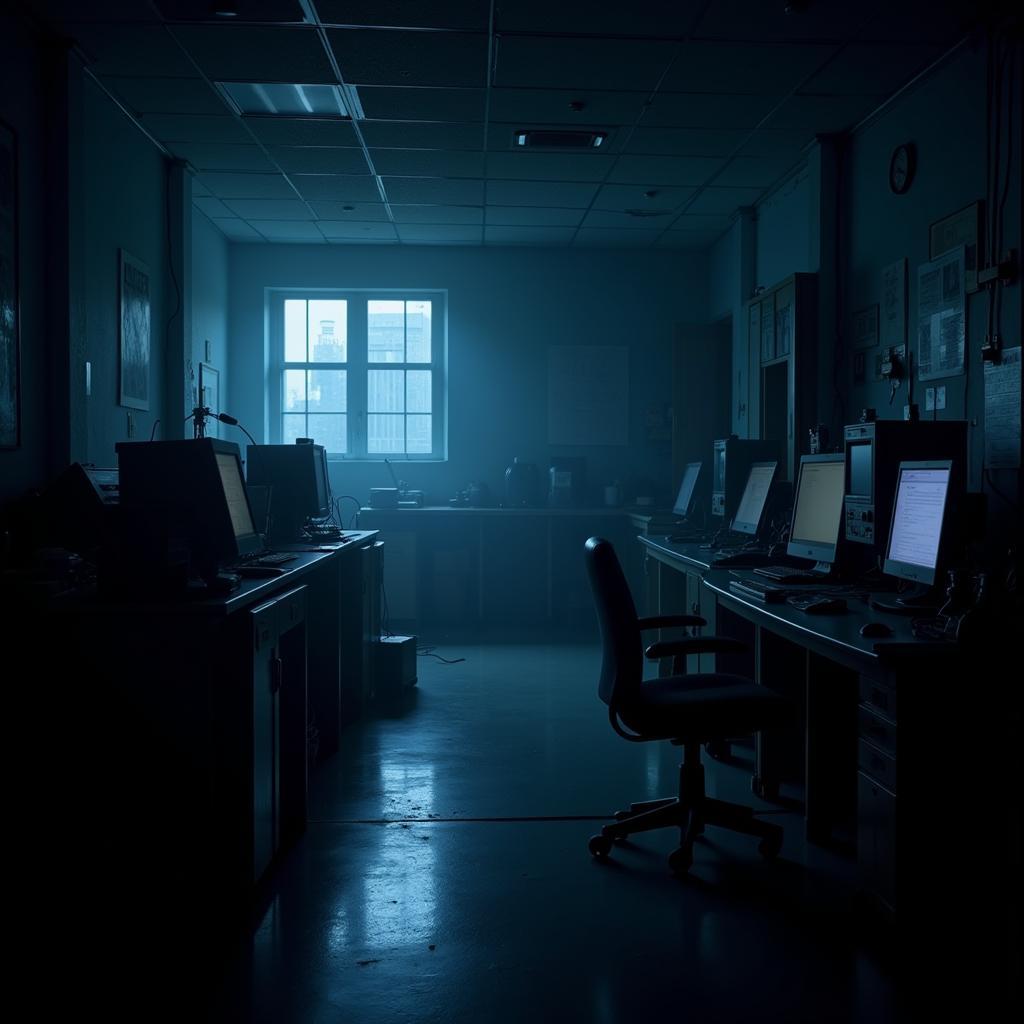 Night view of a lab in IITMRP with glowing equipment and an eerie atmosphere.