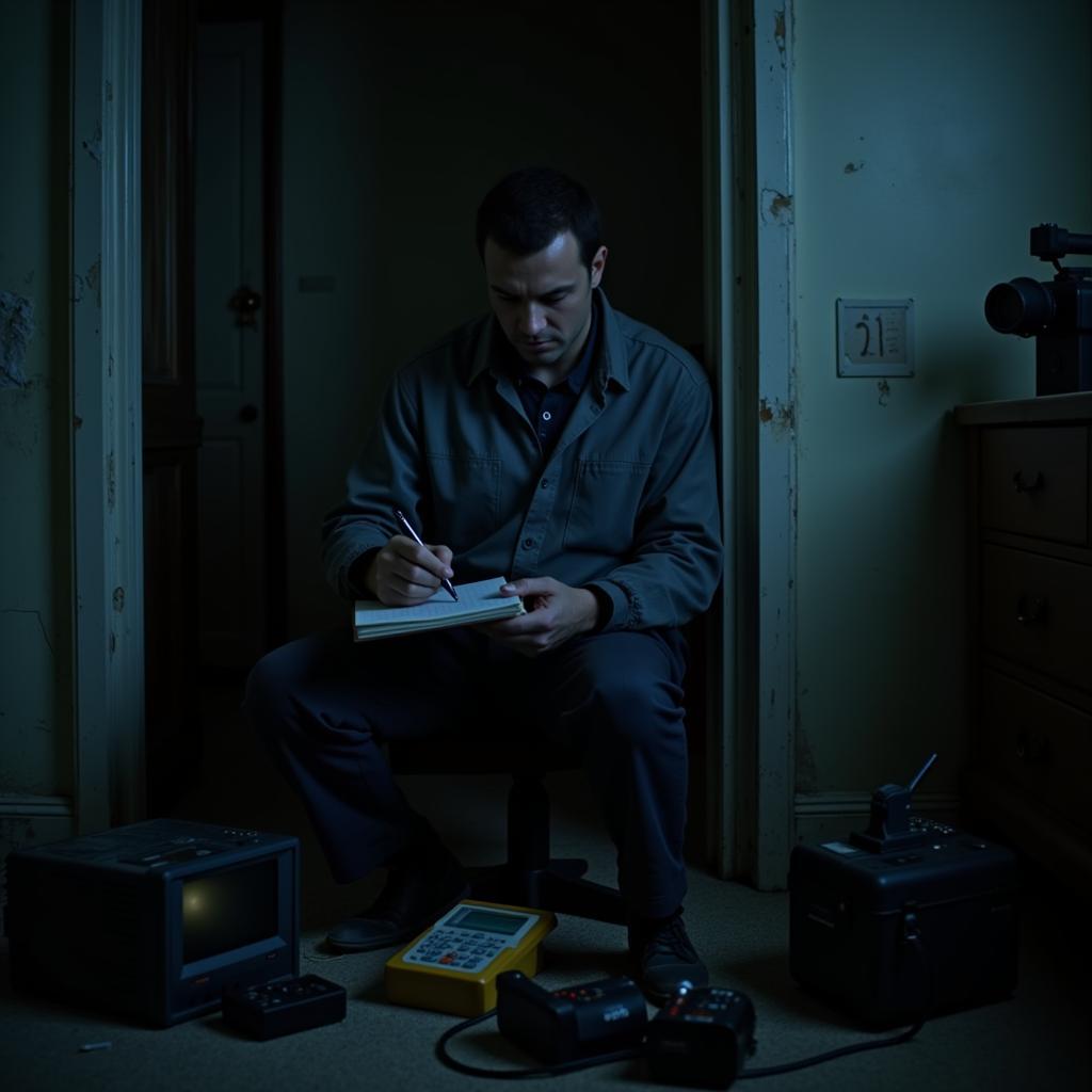 Paranormal investigator using immersion research techniques in a haunted location