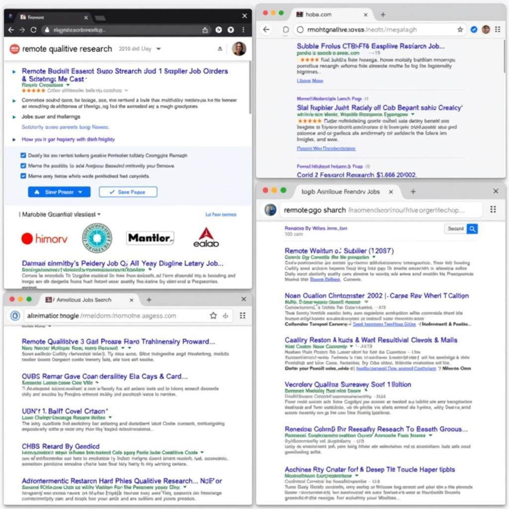 Various online job boards and platforms displaying listings for remote qualitative research positions.