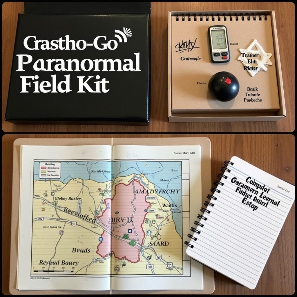 A paranormal field kit inspired by the items used in Pokémon Go. It includes a modified Poké Ball containing an EMF reader, a notebook resembling a Trainer's journal, and a map marked with potential paranormal hotspots.