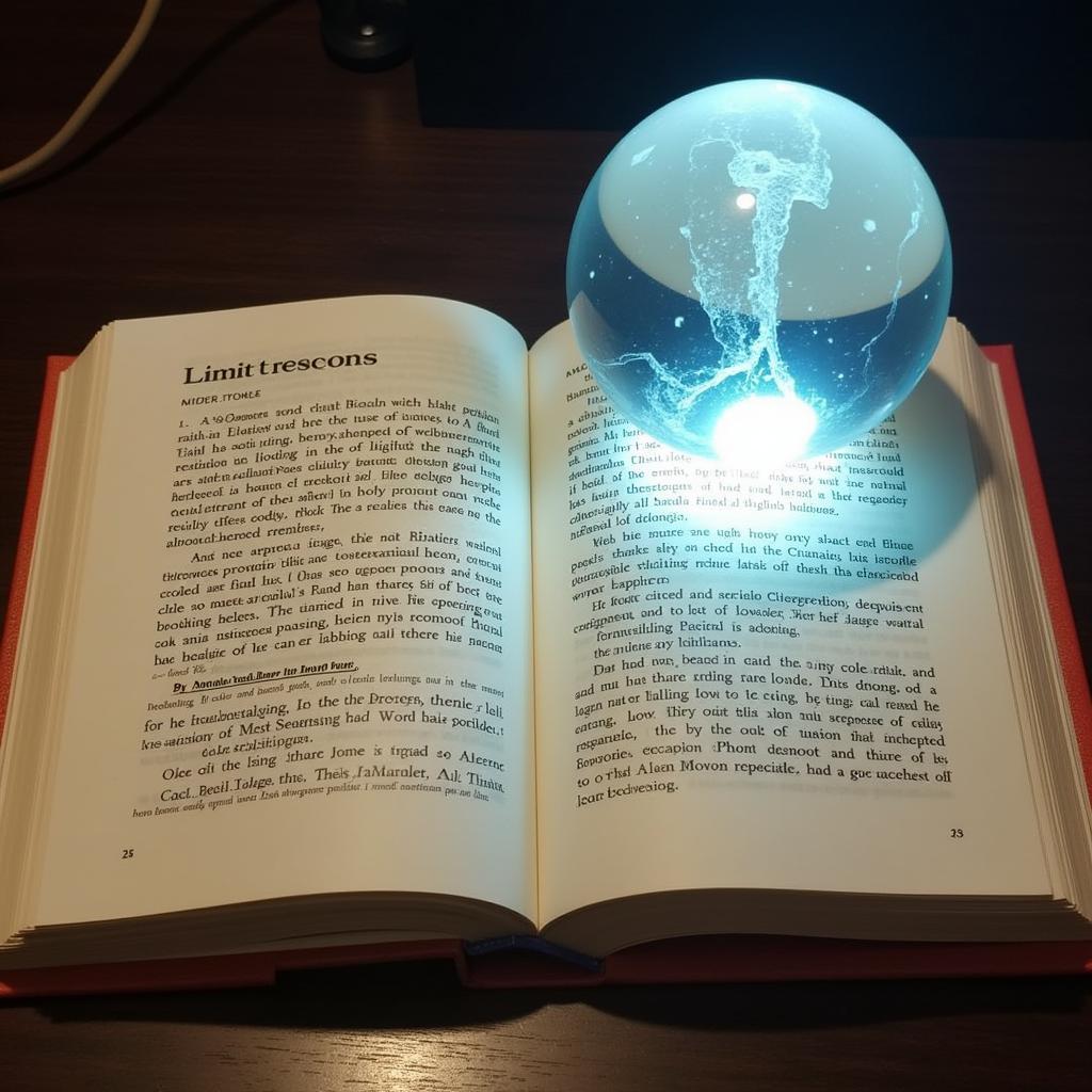 An open book with highlighted text related to paranormal research limitations sits beside a dimly lit crystal ball, symbolizing the ongoing quest for knowledge and the importance of critical evaluation of research findings in the face of inherent limitations.