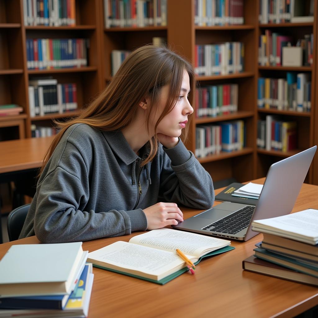 A student working on a literature review for their research proposal at a library desk, surrounded by books and notes.